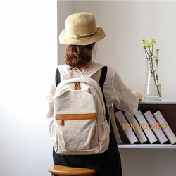 帆布 x 真皮背包，帶後袋，適用於筆記型電腦、防水、背包、媽媽包、刻名字背包 第1張的照片