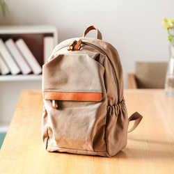 帆布 x 真皮背包，帶後袋，適用於筆記型電腦、防水、背包、媽媽包、刻名字背包 第11張的照片