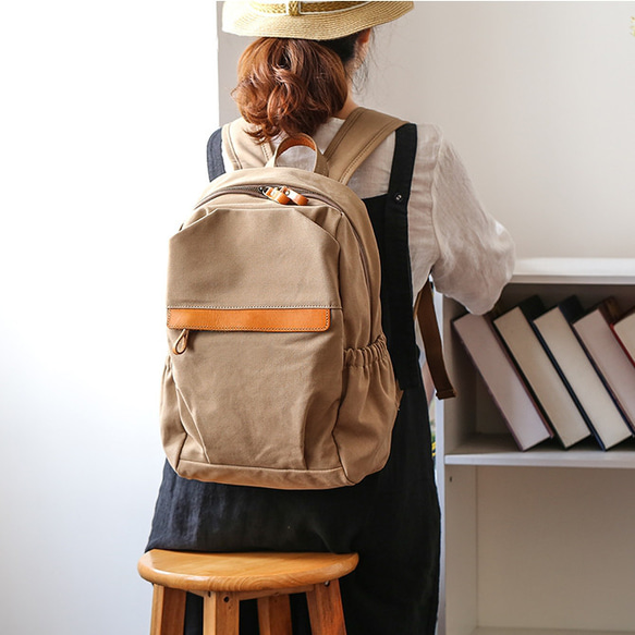帆布 x 真皮背包，帶後袋，適用於筆記型電腦、防水、背包、媽媽包、刻名字背包 第12張的照片