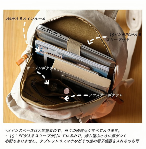 帆布×本革 レディース 通勤 リュック A4対応 15インチPC収納 きれいめ 大人 撥水 背面ポケット付き 旅行 出張 5枚目の画像