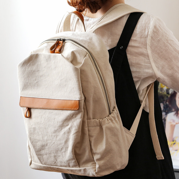 帆布 x 真皮背包，帶後袋，適用於筆記型電腦、防水、背包、媽媽包、刻名字背包 第2張的照片