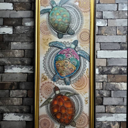 肉筆 原画 1点もの ボールペン画 日本人作家 色鉛筆画 亀の絵 かめ