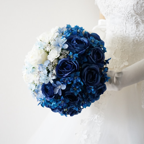 ブルーローズのラウンドブーケ・ブートニアセット 三日月 造花