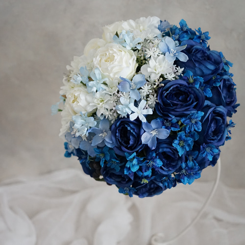 ブルーローズのラウンドブーケ・ブートニアセット 三日月 造花
