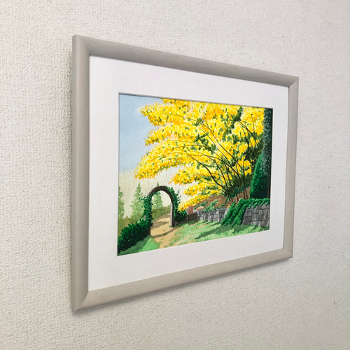 F3 絵画 風景画 【湖畔のミモザ】アクリル画
