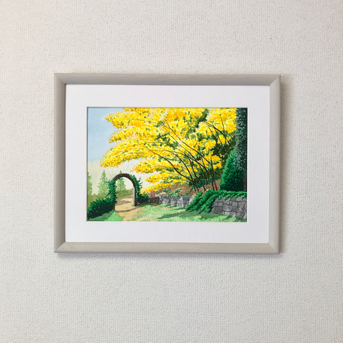 ミモザの小径」透明水彩画 原画 風景画 額縁付 F4サイズ 絵画 ミモザの小径」透明水彩画 原画 風景画 額縁付 F4サイズ 絵画