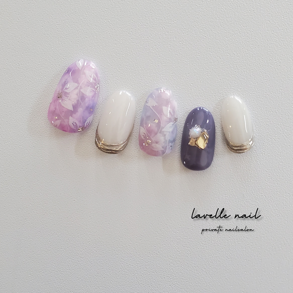 nuance flower❁⃘パープル フラワーネイル 春ネイル ピンク パール