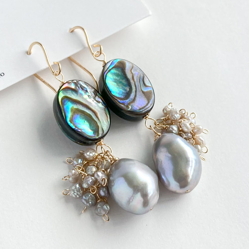 14kgf］アバロンシェルと淡水バロックパールのピアス イヤリング変更可  