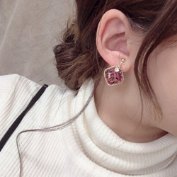 Flower square pierce/earring(Red) 3枚目の画像
