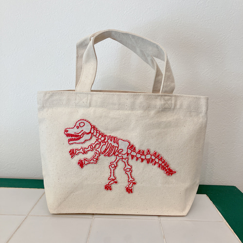 恐竜の手刺繍ランチトートバッグ ティラノサウルス 化石 オリジナル