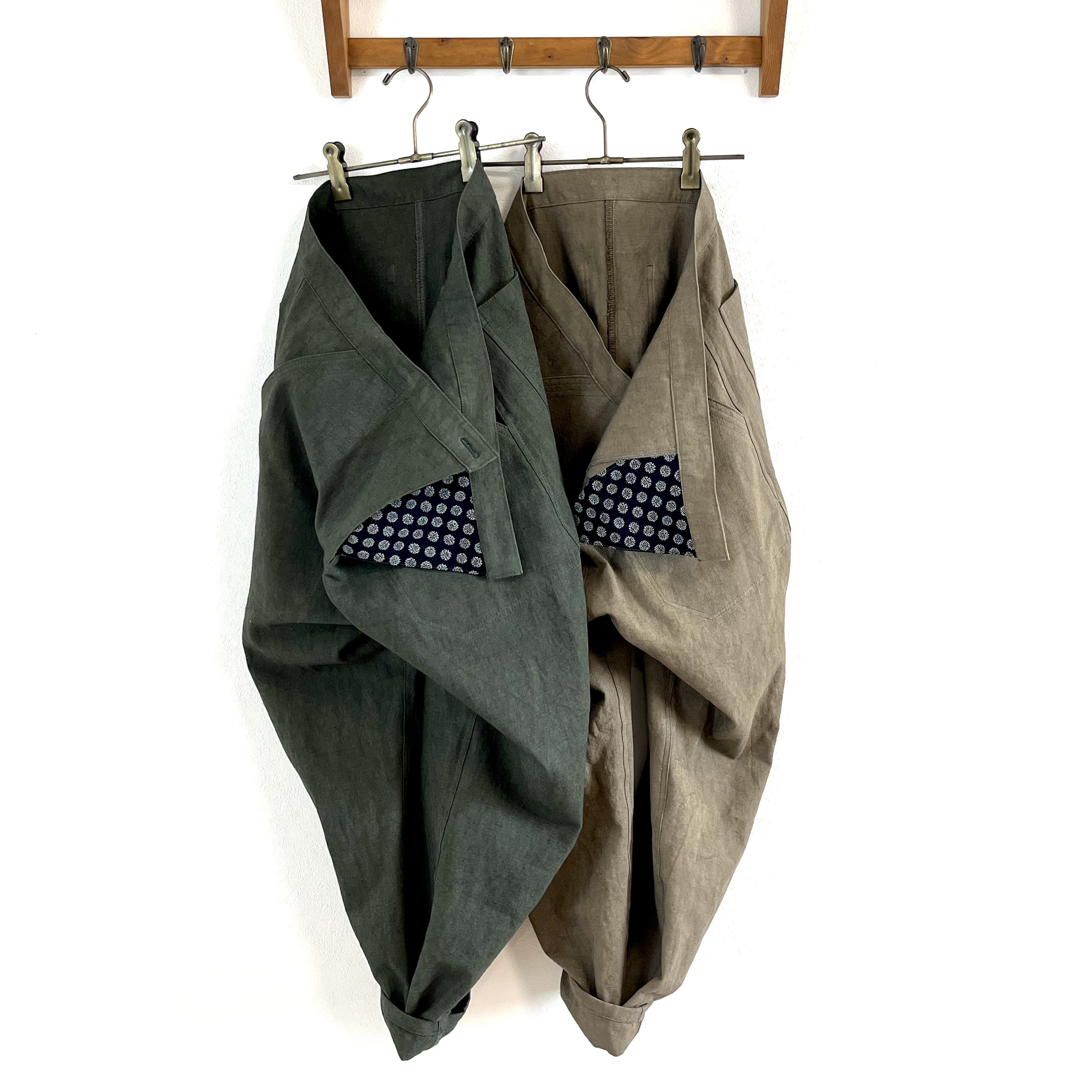 綿麻生地でもんぺボトムを作りました　≪モカ・アーミーグリーン≫