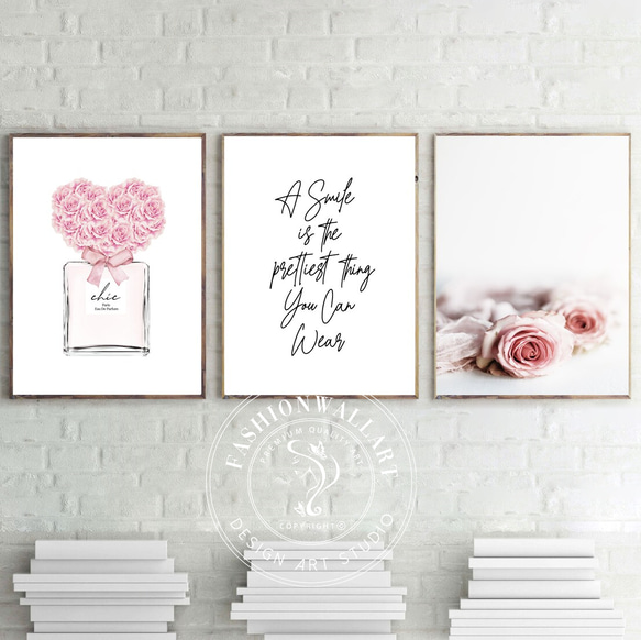 アートポスター バラハート香水ボトル スマイル名言アート ローズフォト 3枚セット 4800 1枚目の画像