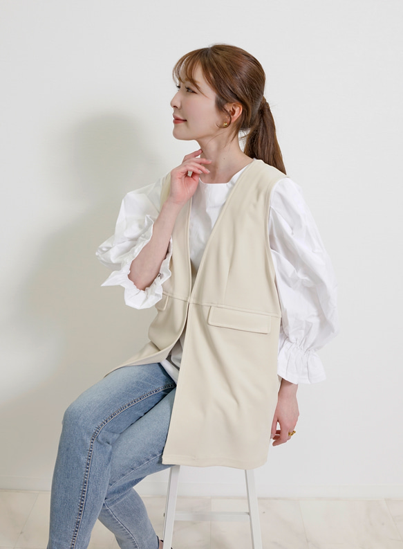 フロントホック ポンチカットソー ノーカラー ジレ ベスト