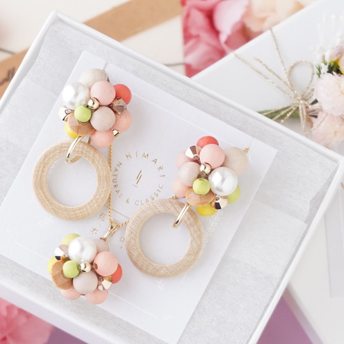 ◎キノヌクモリピアス/ネックレスセット◎春色ナチュラルウッドフープ