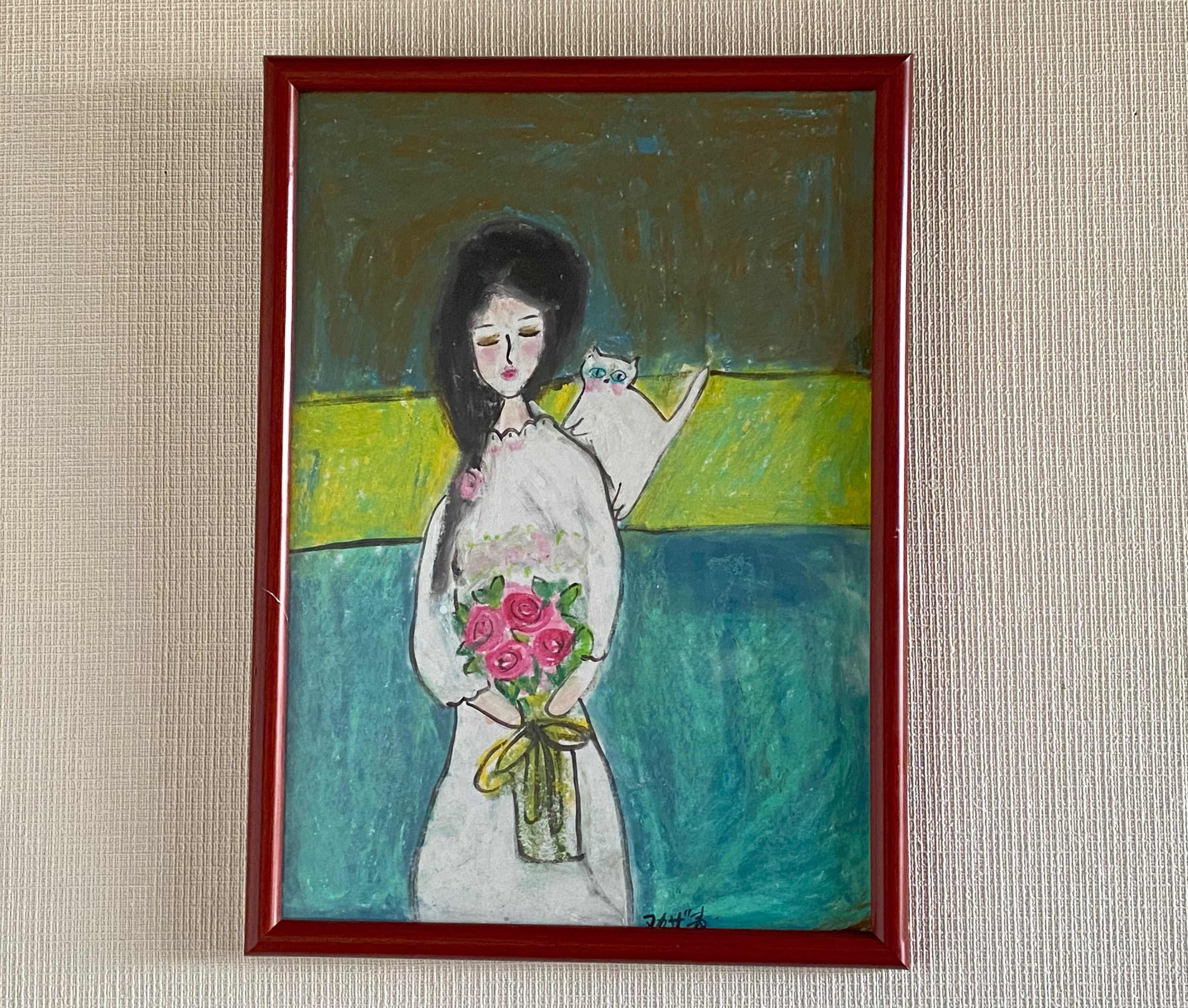 大人気！まとめ一覧 絵画 。壁掛け絵【花の中の美しい女の子とかわいい黒猫】 絵画+タペストリー