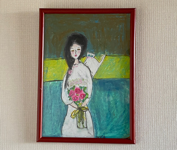 ァッション人気ブランドランキング 絵画。壁掛け絵原画手描き【美しい女の子とかわいい白い猫が 絵画/タペストリー