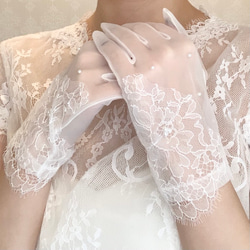 H113 ウェディング　結婚式　オーガンジー　レース　刺繍　パール　可愛い　ショートグローブ 3枚目の画像