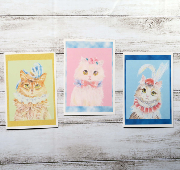 ポストカード３枚セット〈おしゃれ猫のミニパステル画〉 1枚目の画像