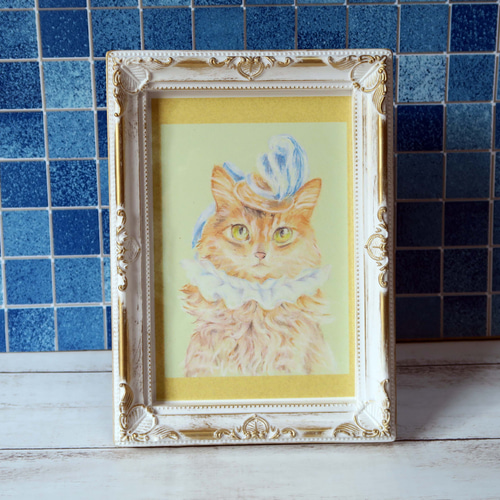 猫のパステル画（サイン入り） 原画〉猫パステル画 A4サイズ 額縁・マット付き ベッドに優雅