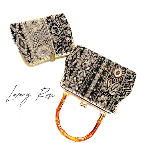 ❤️着物お出かけバンブーbag 気品溢れる大人black linen 豪華刺繍 特別仕様！！オートクチュールレース&高級インド刺繍レース❤︎高級感