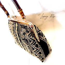 特別仕様！！オートクチュールレース&高級インド刺繍レース❤︎高級感お洒落なバンブー竹ハンドルBLACKトーン小さめバッグ 8枚目の画像