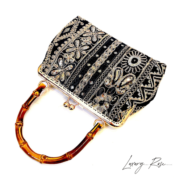 【希少】 インド製 ヴィンテージ 両面 ザリ刺繍 高級 ハンドバッグ 自由に選べるセット ザリ刺繍 ザルドジ刺繍 鏡 : インド・アジア