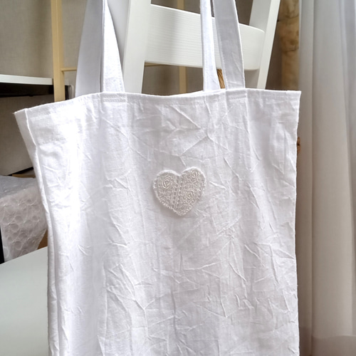 レースのハートのA4トートバッグ ホワイト(白)(コットンリネン