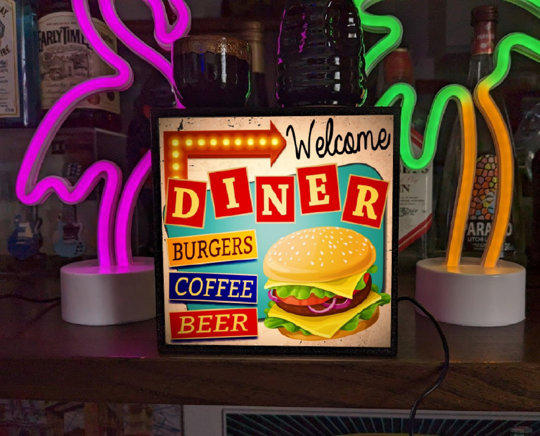 ダイナー ハンバーガー カフェ ビール コーヒー BAR ドライブイン ルート66 サイン 看板 置物 ライトBOX