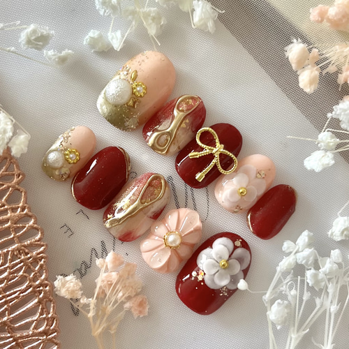 振袖ネイル◇サイズオーダー◇色変更可◇和装ネイル/赤ネイル/ぷっくり  
