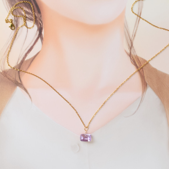 【左 6】珠寶寬鬆大號粉紅紫水晶長方形凹面手術不鏽鋼 40 公分項鍊 第8張的照片