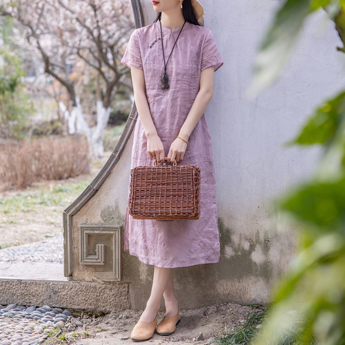 パネライ 希少 痩せて見える ワンピースドレス 半袖 綿麻 敷きつめ レディース 服＆ファッション小物