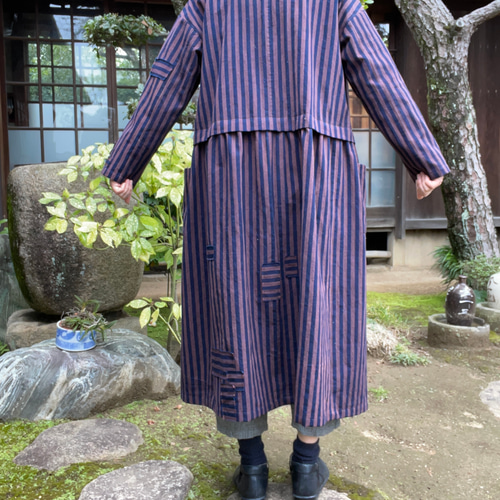 着物リメイク】シャツワンピース/縞木綿/藍染/スタンドカラー