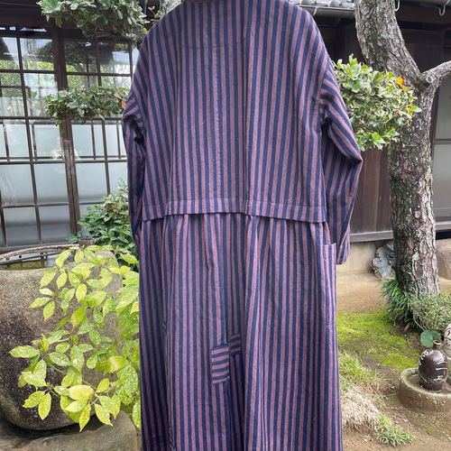 藍染木綿繋ぎ合わせ ロングワンピース 着物リメイク 藍染木綿繋ぎ