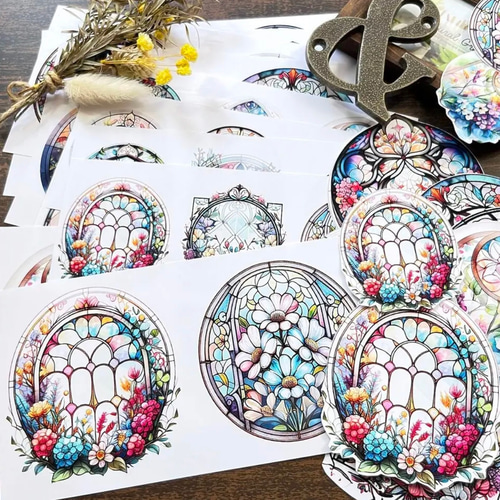EP28】コラージュ素材 ステンドグラス セルフカット/30パーツ メモ帳
