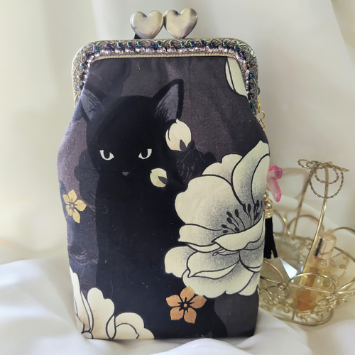 ツンデレ美人黒猫ちゃん黒ver.＆牡丹 がま口 タバコケース/メガネ入れ 