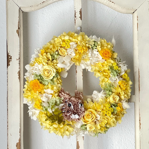 オーダーメイド】ペットとお花いっぱいのふわもこリース 犬 猫 うさぎ  