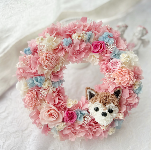 オーダーメイド】ペットとお花いっぱいのふわもこリース 犬 猫 うさぎ  