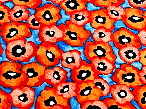 Laura Gunn 110cm x 50cmずつ切売 - 小さな赤いポピーの花/Blue 1枚目の画像