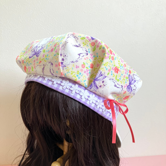 ベビーキッズの帽子　リボンを結んだ猫のキャスケット（ピンク×パープル　こどもサイズ）夏の紫外線や熱中症対策にも 13枚目の画像