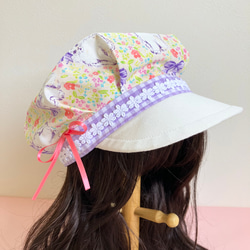 ベビーキッズの帽子　リボンを結んだ猫のキャスケット（ピンク×パープル　こどもサイズ） 1枚目の画像