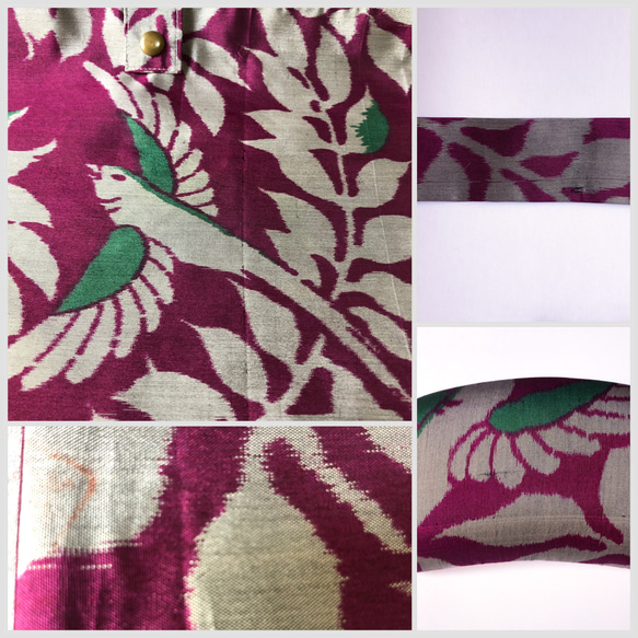 【訳あり】レトロな帯枕・帯板・仮紐・収納バッグセット　銘仙　赤紫地に緑羽の鳥 11枚目の画像