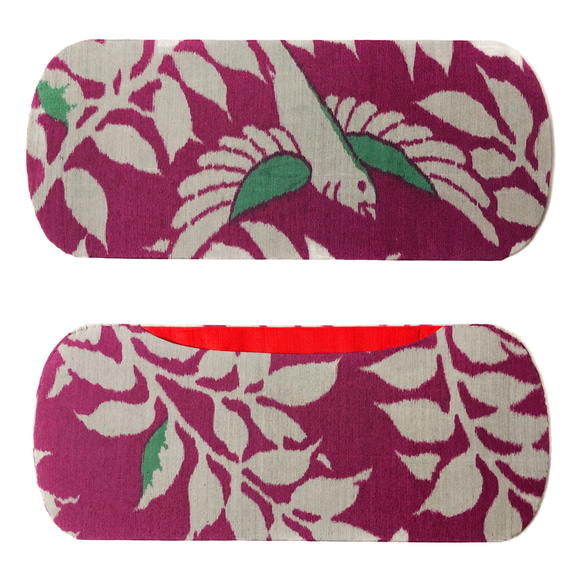 【訳あり】レトロな帯枕・帯板・仮紐・収納バッグセット　銘仙　赤紫地に緑羽の鳥 3枚目の画像