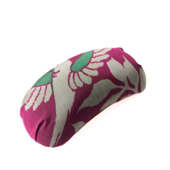 【訳あり】レトロな帯枕・帯板・仮紐・収納バッグセット　銘仙　赤紫地に緑羽の鳥 5枚目の画像