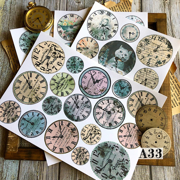 送料無料【A34コラージュ素材】時計シール　おすそ分け　手帳　日記　デザインペーパー　オリジナル 2枚目の画像