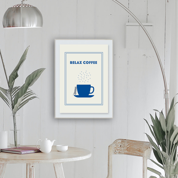 グラフィックデザイン・アートポスター RELAX COFFEE/猫 コーヒー カフェ リラックス イラスト 青 白 4枚目の画像