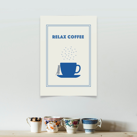 グラフィックデザイン・アートポスター RELAX COFFEE/猫 コーヒー カフェ リラックス イラスト 青 白 2枚目の画像