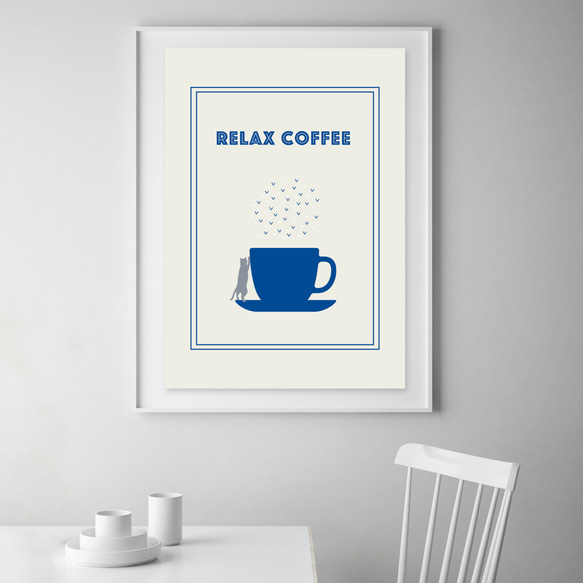 グラフィックデザイン・アートポスター RELAX COFFEE/猫 コーヒー カフェ リラックス イラスト 青 白 5枚目の画像
