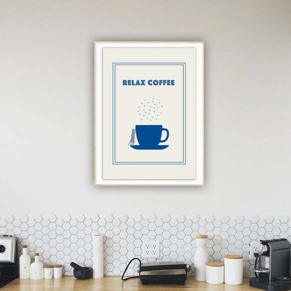 グラフィックデザイン・アートポスター RELAX COFFEE/猫 コーヒー カフェ リラックス イラスト 青 白 1枚目の画像