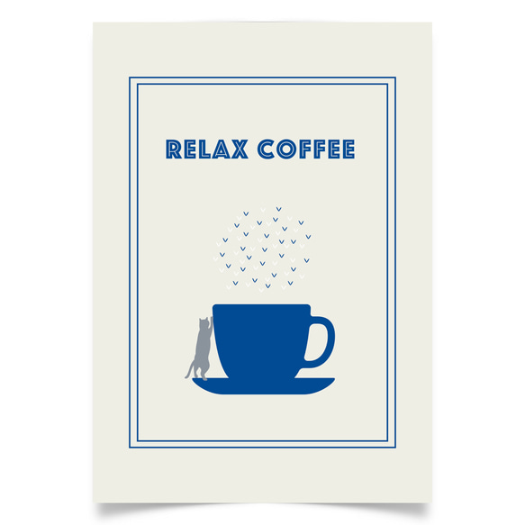 グラフィックデザイン・アートポスター RELAX COFFEE/猫 コーヒー カフェ リラックス イラスト 青 白 8枚目の画像
