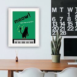 グラフィックデザイン・アートポスター meow! cat / 猫 ネコ ダンス 音符 ピアノ ポップイラスト グリーン 3枚目の画像